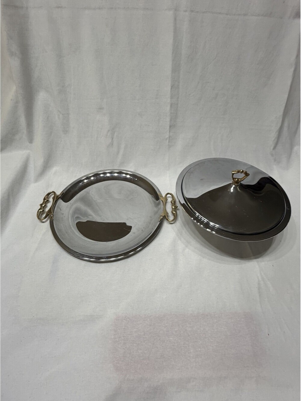 2 Pcs Kromex Chrome Covered Serving Dish Brass Handle With Lid & Serving Tray
